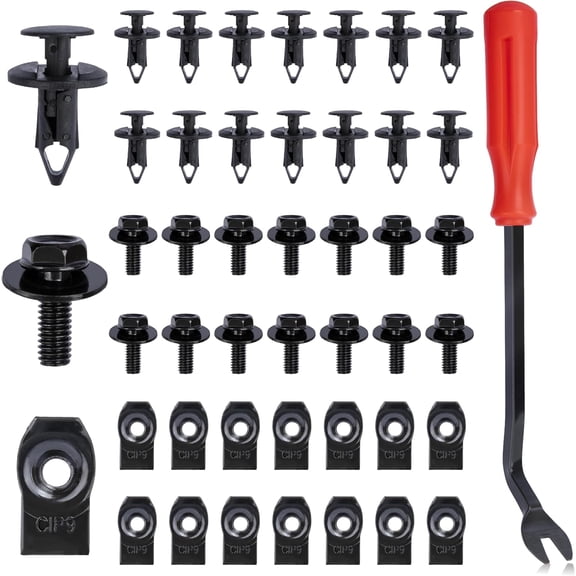 45PCS Engine Under Cover Splash Shield Guard Body Bolts Screws, Universal Style Bumper Fender Liner Push Retainer Fastener Rivet Clips with Tool, Compatible with Most Brand of Vehicles (Black)