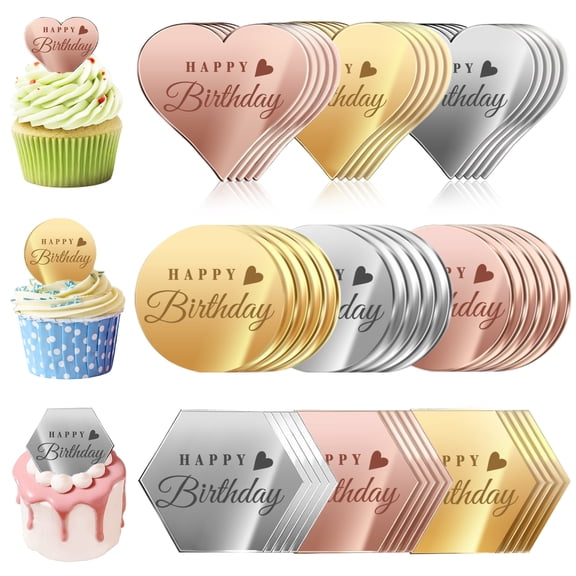 45Pcs Happy Birthday Cake Toppers, Mirror Acrylic Cupcake Toppers 3 Multi-shape & 3 Different Color Custom Cupcake Picks for Birthday Party Anniversary Pastries Decorations