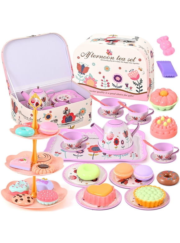 45PCS Tea Party Set, Gift for Girls Princess Tea Party Set Kitchen Pretend Toys with Tin Teapot, Cups, Plates and Carrying Case. Cake, Food for 3+Girls