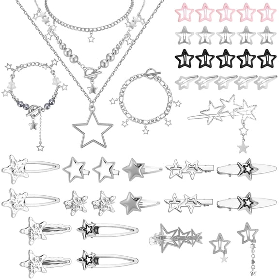 45PCS Y2K Hair Clips for Women Girls, Star Barrettes, Necklace & Bracelets Set | Kawaii Retro 2000s Hair Accessories | Festival Rave Grunge Aesthetic