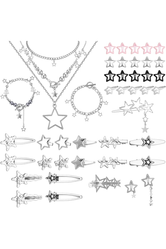 45PCS Y2K Hair Clips for Women Girls, Star Barrettes, Necklace & Bracelets Set | Kawaii Retro 2000s Hair Accessories | Festival Rave Grunge Aesthetic