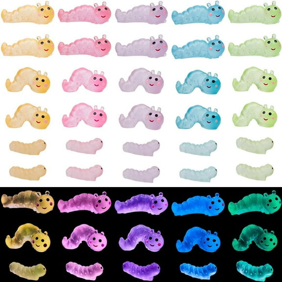 45Pcs 15 Styles Mini Caterpillars Luminous Small Animal Figurines Resin Bulk Glow in The Dark Cartoon Insect Worm Caterpillars Ornament for DIY
