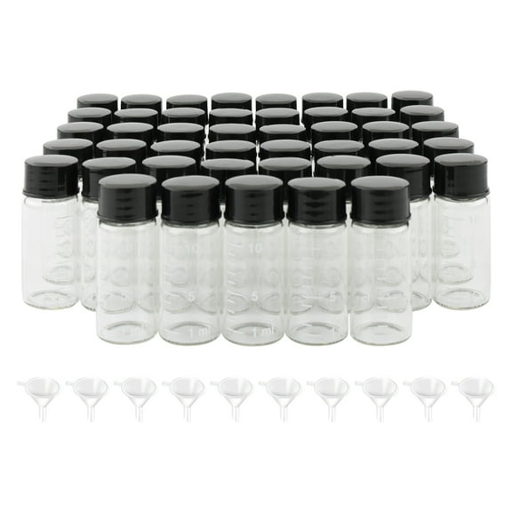 45Pcs Glass Thread Bottles 10ml/ 0.3oz Clear Glass Sample Sampling Bottles Vials Containers with Graduation & Screwcap and 10 Funnel