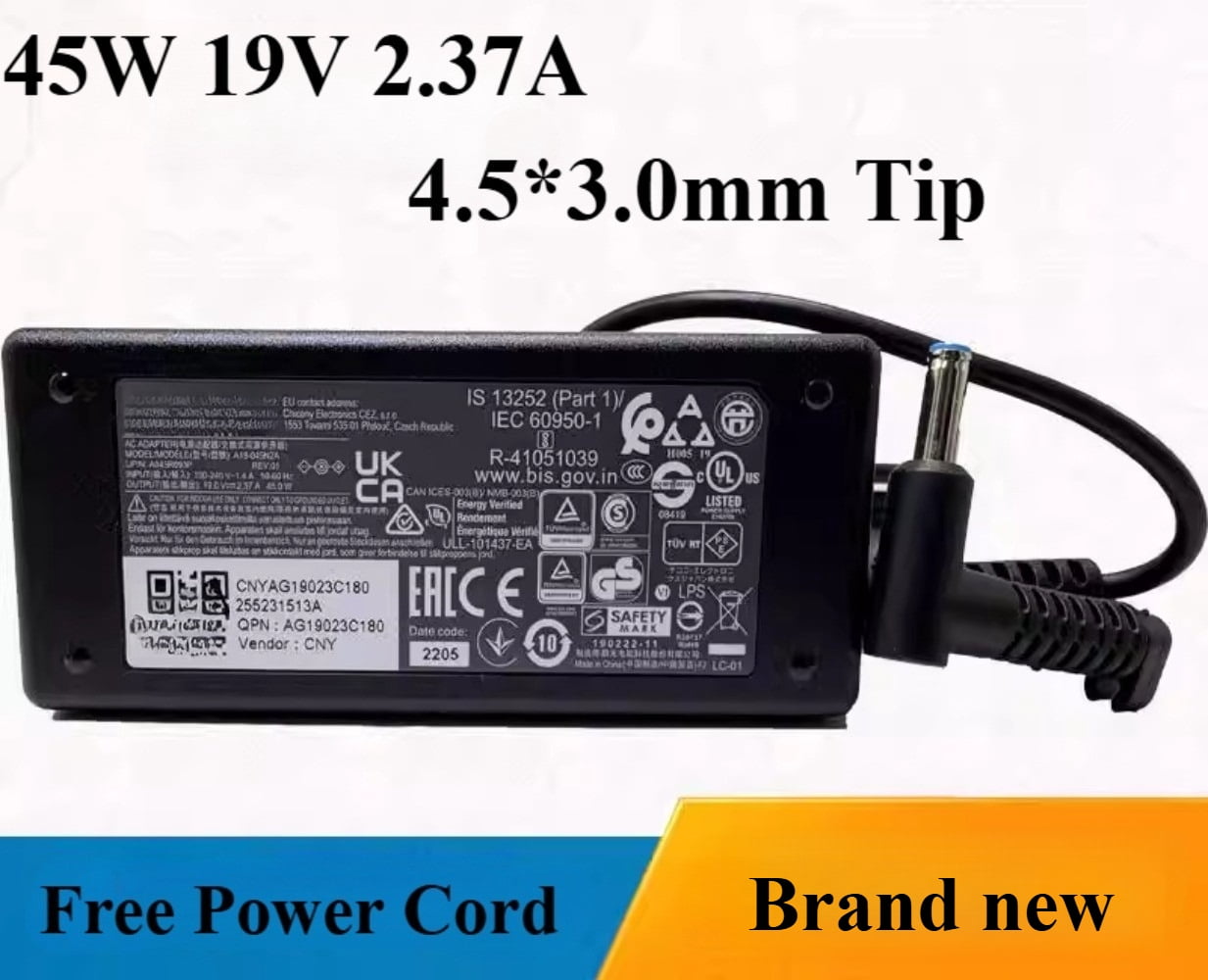 45W 19V 2.37A Laptop Charger for Chicony 4.5*3.0mm Tip Power Supply AC Adapter