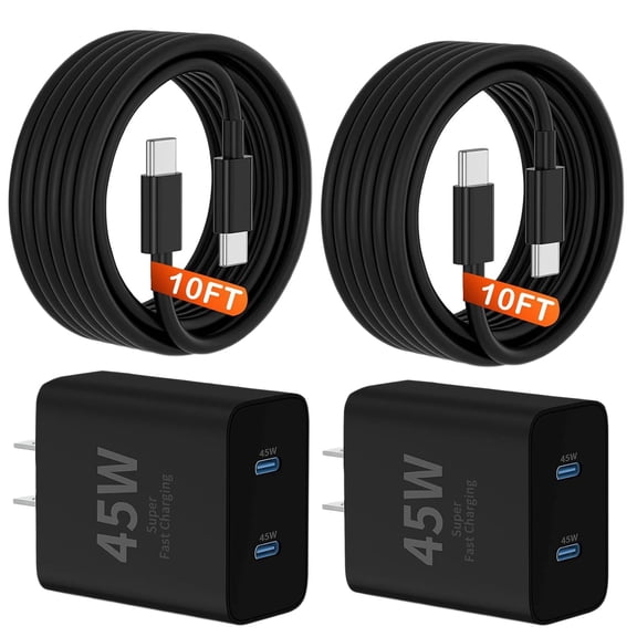 45W 2Pack Super Fast Charger USB C Dual Port Android Phone Charger Type C Fast Charging Block with 10FT Type-C Charger Cord for Samsung Galaxy S26/S25/S25 Ultra/S25 /S24 Ultra/S24/S24 /S23/S22/S21