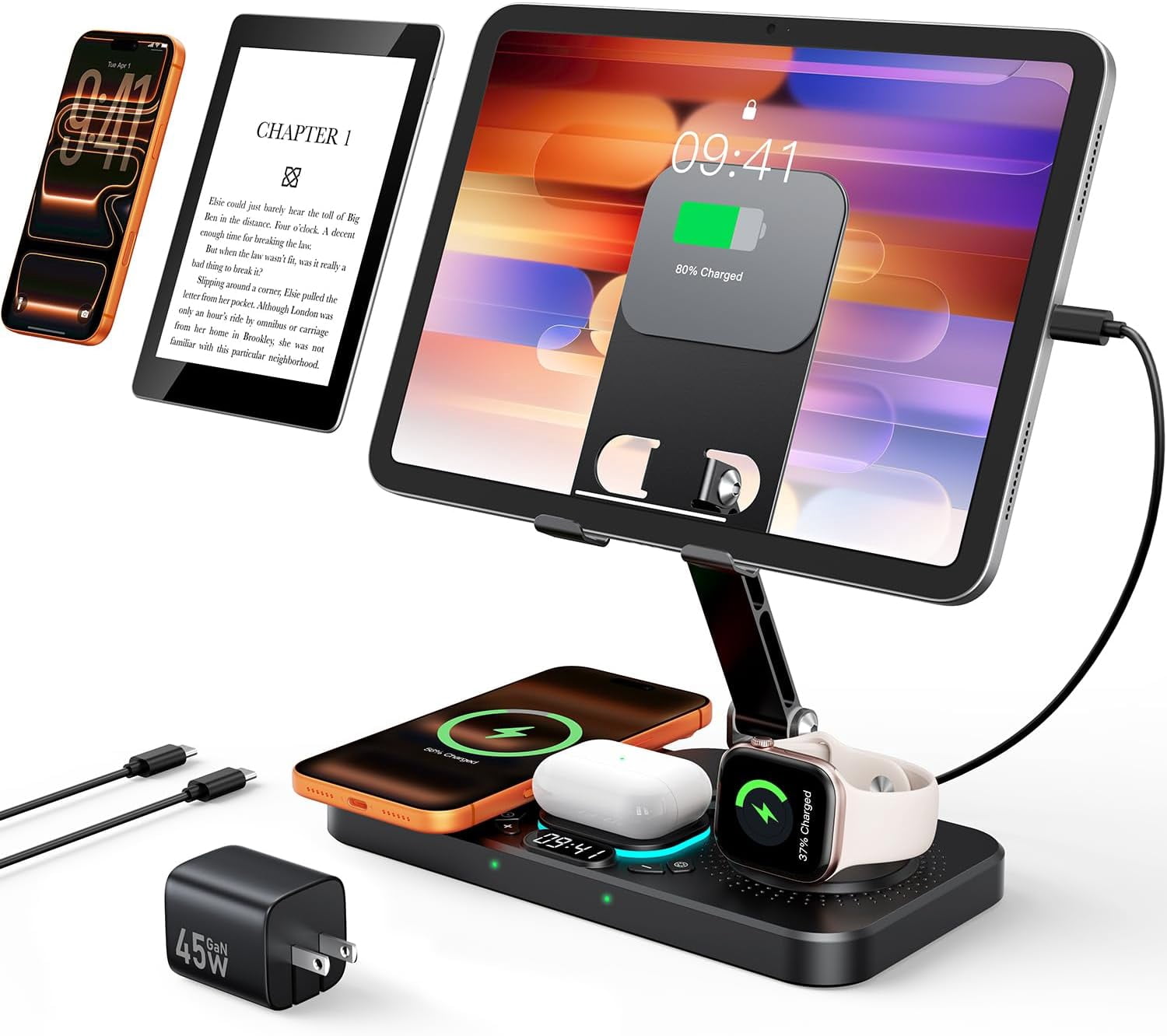 45W 6 in 1 Charging Station for Apple Multiple Devices with Clock & Light, 20W Fast Foldable Wired Charging Stand for iPad/Tab, Wireless Charger Design for MagSafe Charger for iPhone 17/iWatch