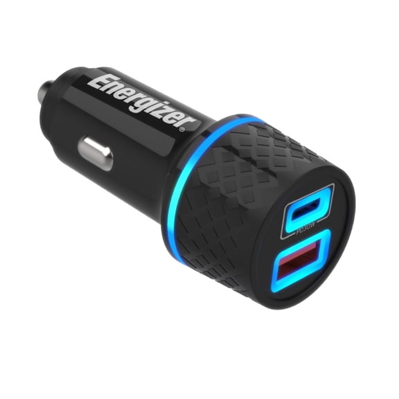 Energizer 45W Car Charger, USB-C Power Delivery (30W) & QC 3.0 USB (18W) Fast Charging, Dual LED Lighted Ports, Black, 1 Pack