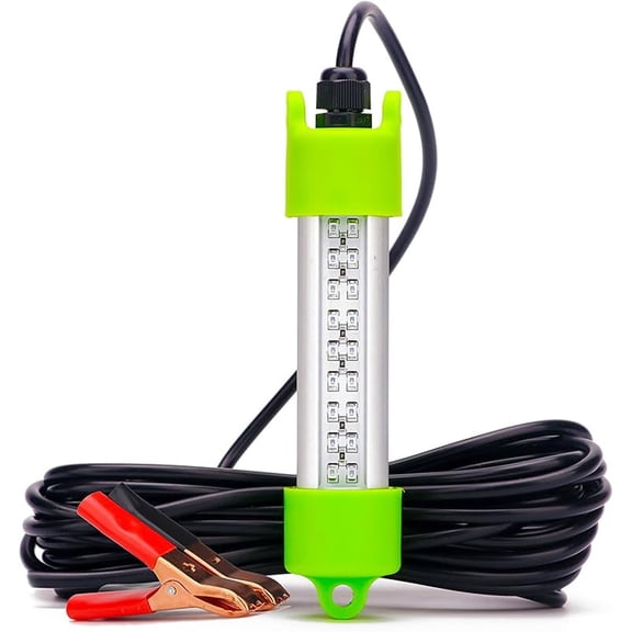 45W DC 12V IP68 Waterproof Aluminum Bright LED Bait Submersible Dock Underwater Fishing Light Attractants For At Night Snook Crappie(17 ft Wire, Only Battery Clips, Green)