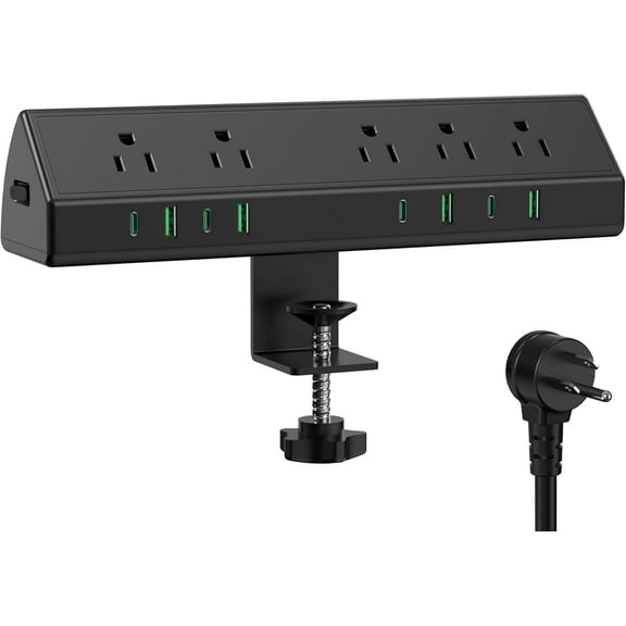 45W   Station,Desk Clamp Power Strip,4 PD -C Ports,5 AC Outlets,Surge Protector Power Strip, 14AWG  Cord, Fits 1.9" Tabletop Edge (Black, 10 FT )