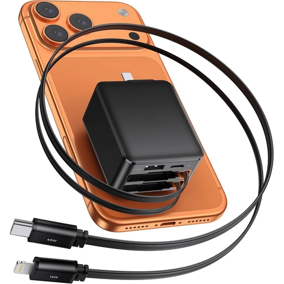 45W GaN Fast Wall Charger, 4 in 1 Retractable Charger with 1 Type C and iphone Port Cable, Foldable Plug for iPhone 17 16 15 iPad Samsung Pixel,Travel Essentials