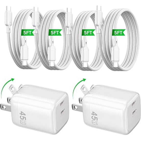 45W Phone Charger 2-Pack GaN PD Wall Charger 2-Port Compact Fast Charging Block with 4 PCS 5ft Cables for Android, Pixel 10/9 Series, Sony Xperia Series,iPhone 17/16/15 Series,Steam Deck(White)