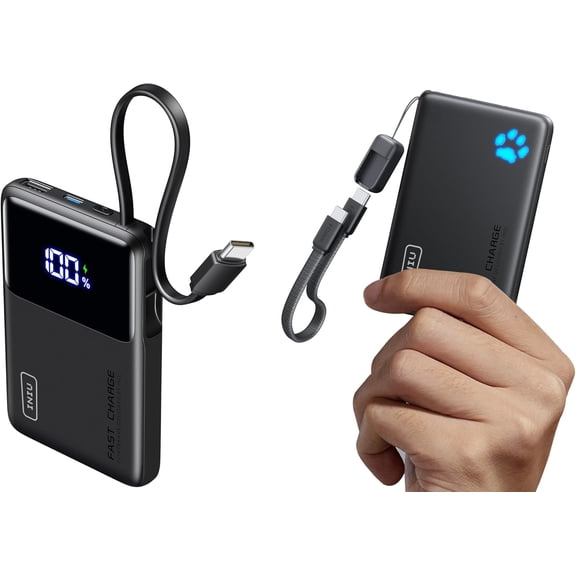 45W Power Bank, Slimmest 10000mAh Portable Charger with Build in USB-C Cable