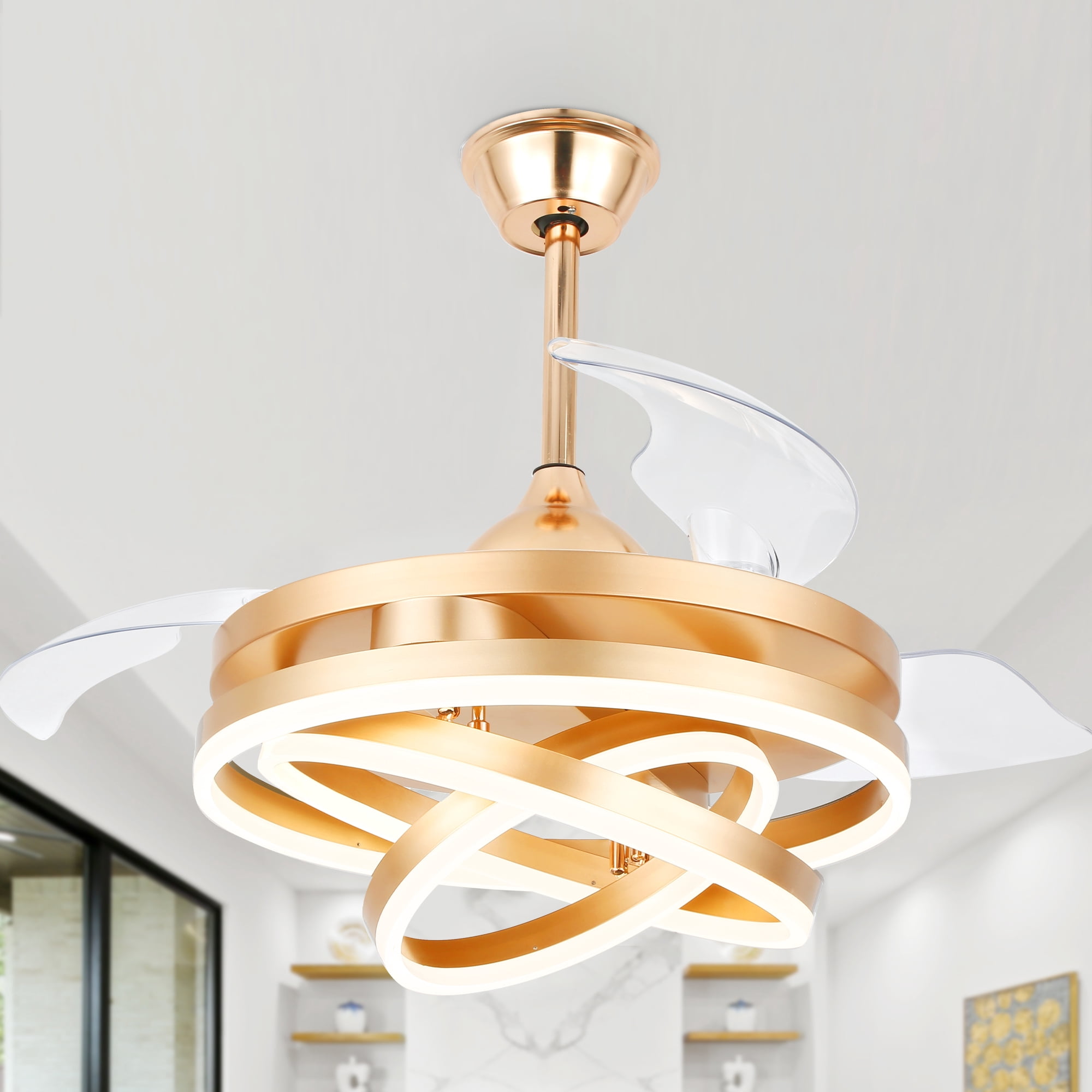 45W Retractable Ceiling Fan with Remote Control and Dimmable Light Kit, 42 inches  6-Speed DIY-Shape Gold Ceiling Fan
