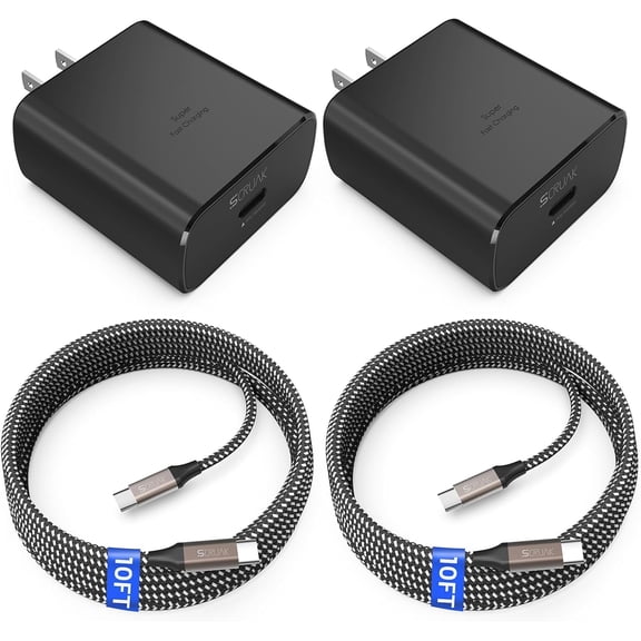 45W USB-C Charger, 2-Pack 45 Watt Super Fast Charger Type C Wall Charging Block with 2X 10FT Type C Cable for Samsung Galaxy S25 Ultra/S25/S25+/S24 Ultra/S23+/S23/S22/S20,Note 10/20,Tab S9/S8