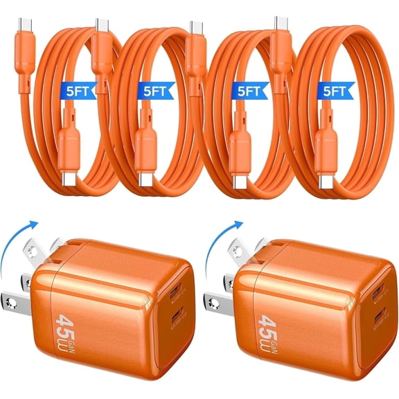 WiWU 45W GaN 2-Pack USB C Wall Charger, Dual Port PD Foldable Charger with 4-Pack 5ft Cables, for iPhone iPad Air Pro, Orange