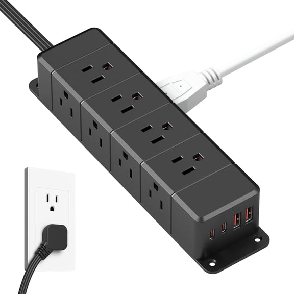 45W USB-C Fast Charging Under Desk Power Strip,12 Outlet Mountable Power Strip with 4 USB,1200J Sur Protection,6FT Flat Extension Cord Black