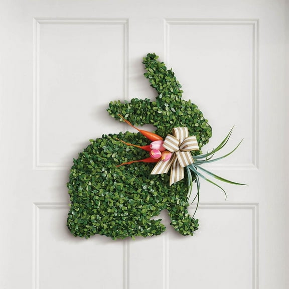 45cm Easter Bunny Wreath Front Door Hanging Striped Bowknot Ornament Greenery Wreaths for Farmhouse Indoor Outdoor Holiday Decor Photo Prop