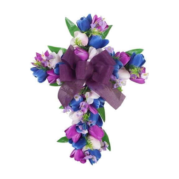 45cm Easter Tulip Cross Door Bow - Artificial Flower Decoration for Front Door Wall Hanging Decor Purple