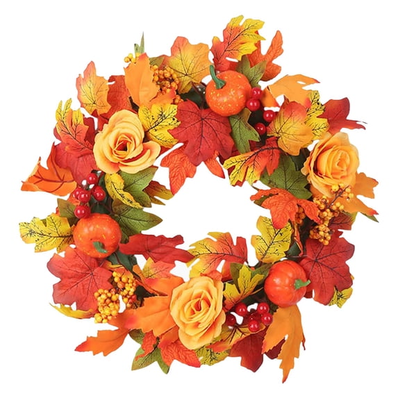 45cm Halloween Pumpkin and Maple Leaf Wreath – Fall Door Hanger with Berries for Indoor Outdoor Porch and Farmhouse Decor