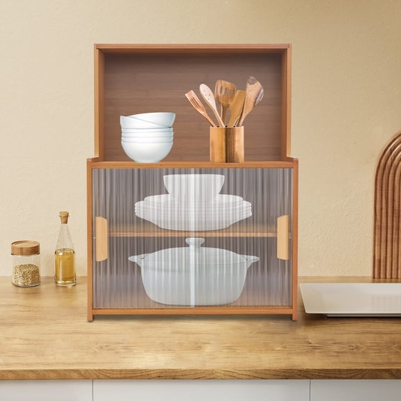45cm Kitchen Storage Cabinet with Sliding Doors, Freestanding Countertop Adjustable Shelves Bamboo Organizer