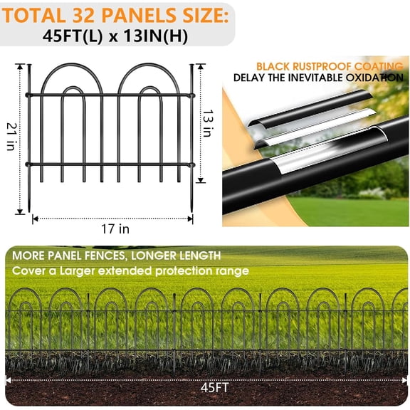 45ft 21in Animal Barrier Fence, No  Dog Rabbit Fence, Anti Digging Garden Edging, Rustproof Metal Arched Fencing for Yard Lawn