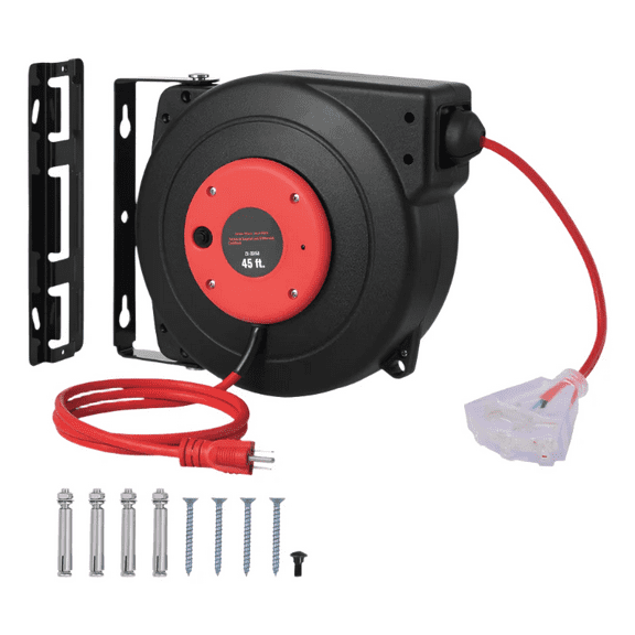 45ft Retractable Extension Cord Reel 12AWG/3C SJTOW Power Cord Red