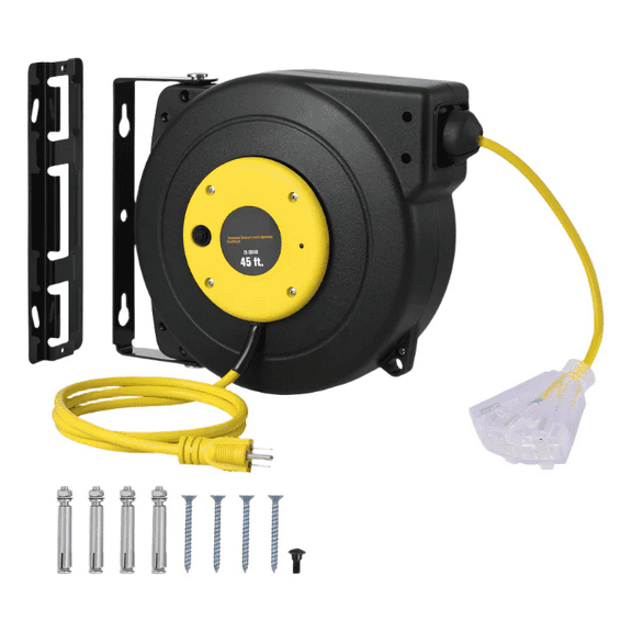 45ft Retractable Extension Cord Reel 12AWG/3C SJTOW Power Cord Yellow