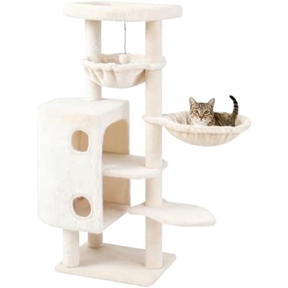 45in Cat Tree Tower with Big Condo for Indoor Cats,Cat Tower with Scratching Post,Scratching Board and Cat Toys,Multi-Level,Small Space,Transformer Cat Tree (Beige+)