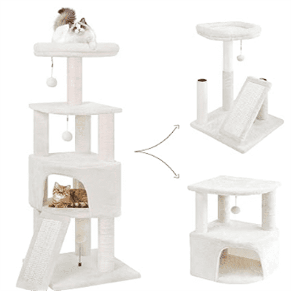 45in Cat Tree Tower with Big Condo for Indoor Kitten,Cat Tower with Scratching Post,Scratching Board and Cat Toys,Multi-Level,Small Space,Transformer Cat Tree, Beige(New)