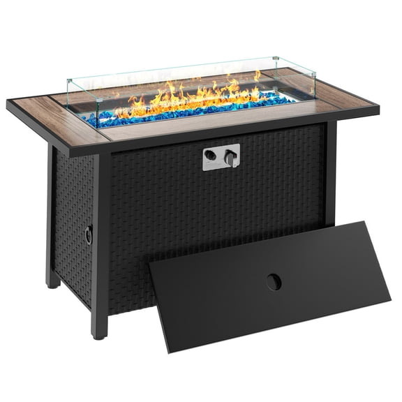 45in Fire Table, Propane Fire Pit with Glass Wind Guard and Rain Cover, Outdoor Firepit Table 50000 BTU 3-in-1 Fire Table for Patio/Yard/Balcony, Walnut Tabletop