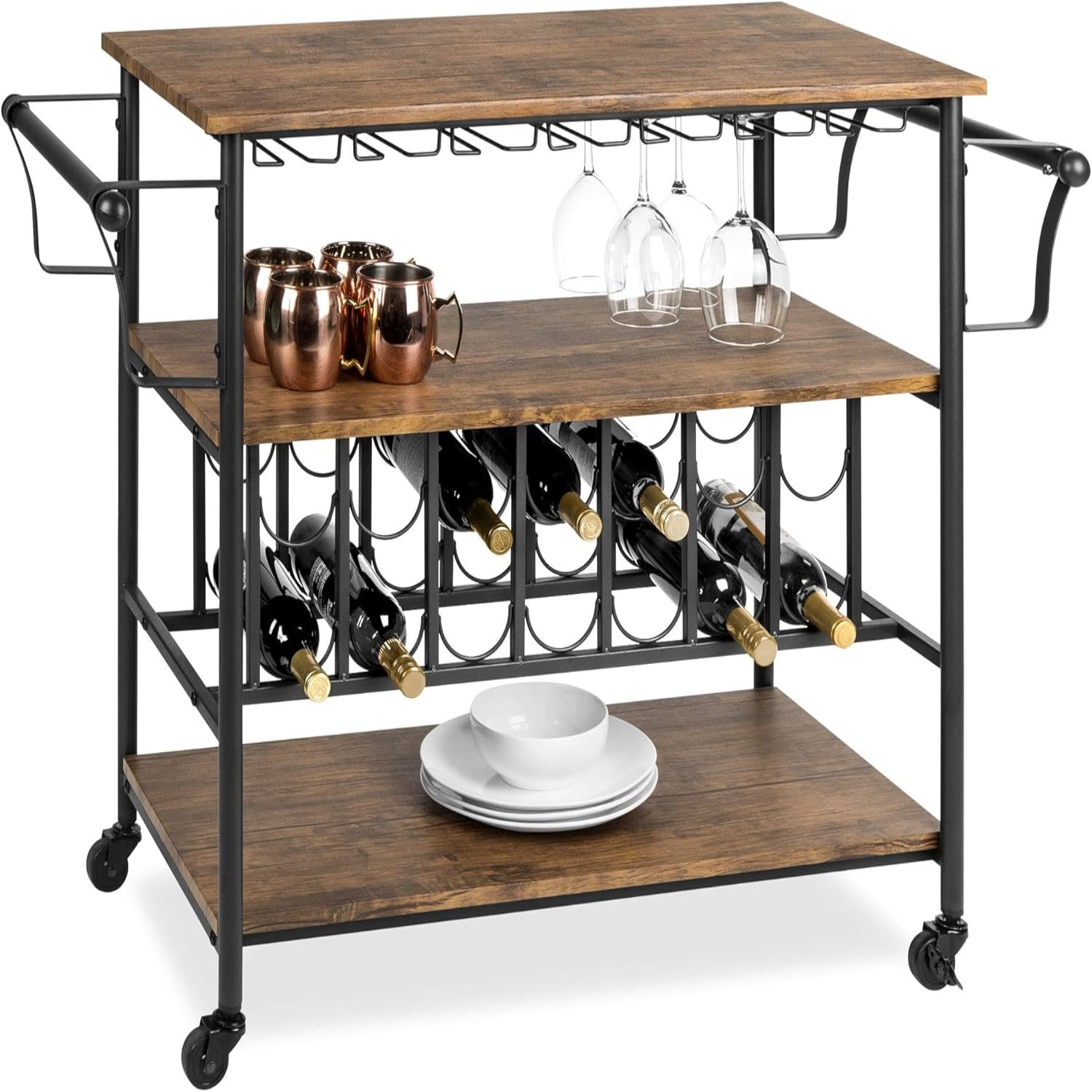 45in Industrial Wood Shelf Bar & Wine Storage Service Cart Trolley w
