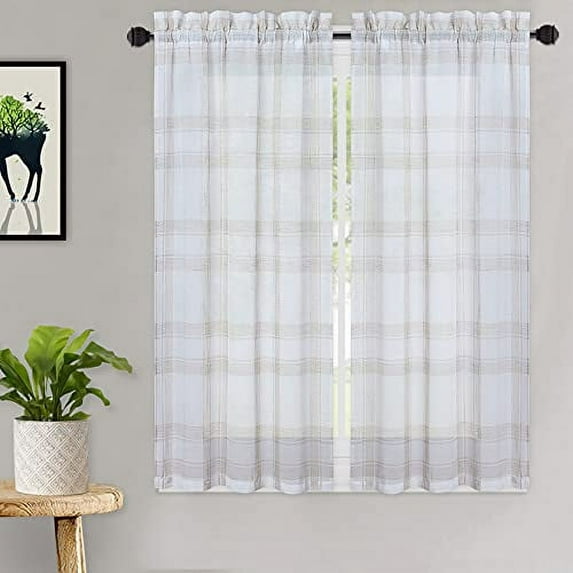 45inch Farmhouse Check Short Curtains for Living Room, Rustic Window Treatment for Bedroom, 27"x45", Taupe