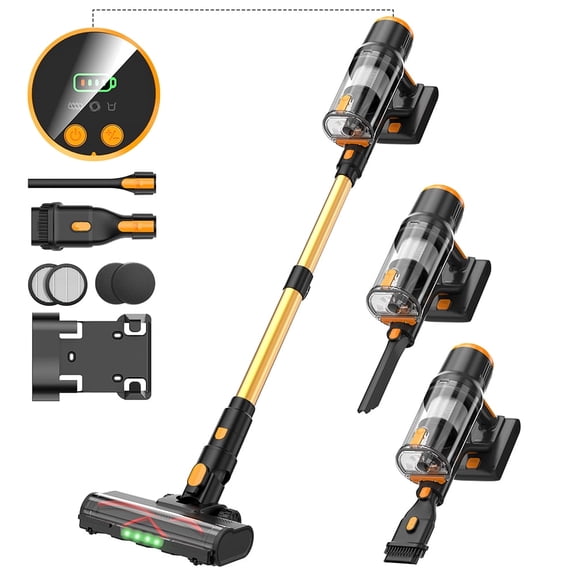 Cordless Vacuum Cleaner, 45KPa/550W Stick Vacuum with Green Detection LED, 55Min Runtime, Self-Standing, Pet Hair, Gold
