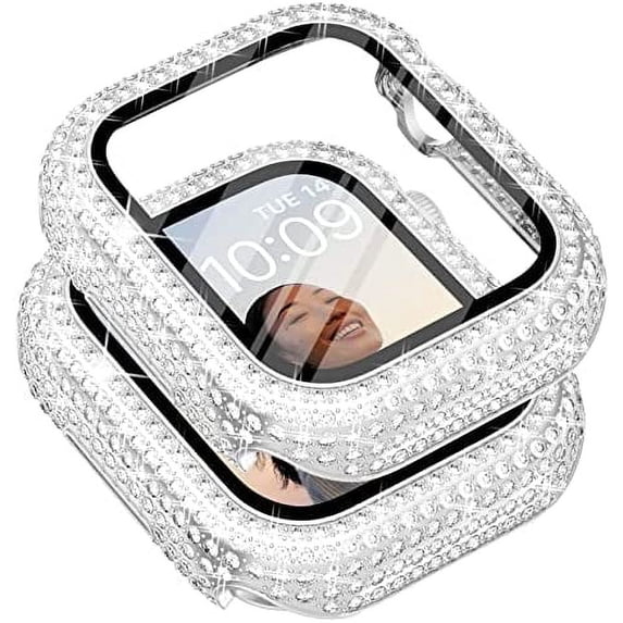45mm Case Compatible with Apple Watch Series 8 Series 7 Screen Protector 45mm, 400 Diamonds with Screen Protector Bling Case Tempered Glass Protective Cover for Apple Watch Case 45mm, Silver