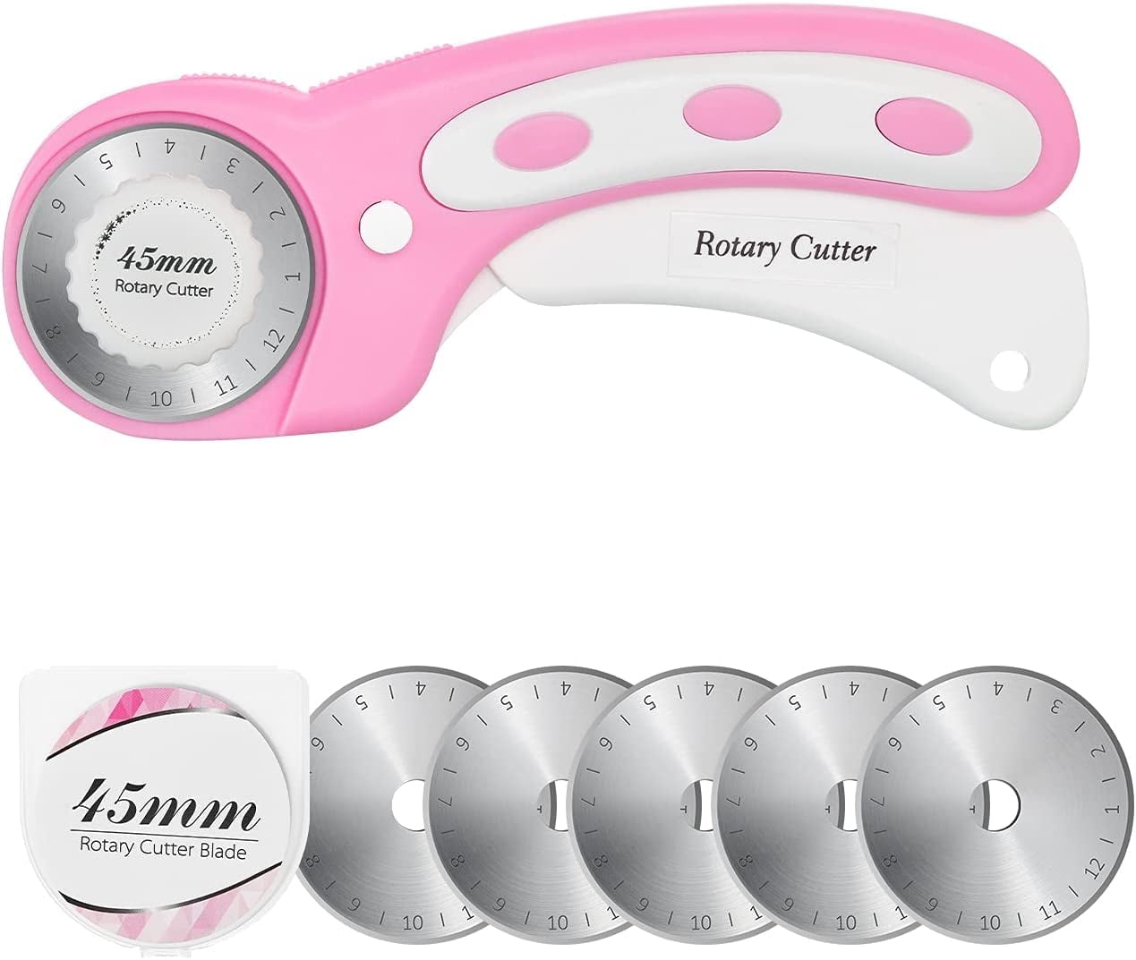 45mm Rotary Cutter with 5pcs Extra Blades, Ergonomic Handle Rolling Cutter with Safety Lock for Fabric, Leather, Crafting, Sewing, Quilting, Fabric Rotary Cutter Perfect for Left \u0026 Right Hand(Pink)