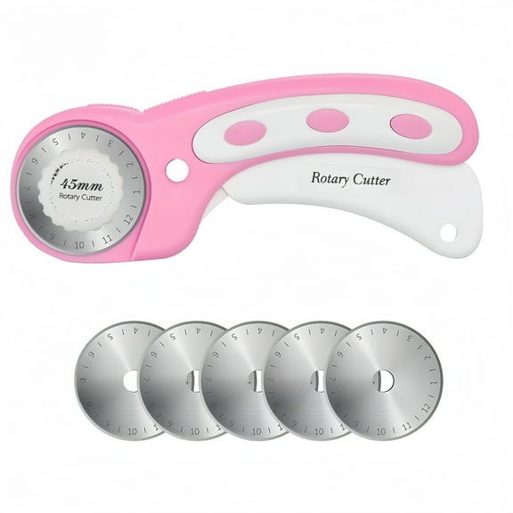 Safety Lock Rotary Cutter in Pink with Five Extra Blades, 45mm Ergonomic Design for Easy Cutting of Fabric, Leather, and Craft Materials