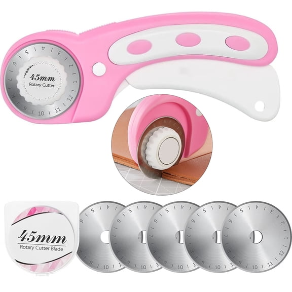 45mm Rotary Cutter with 5pcs Extra Blades, Ergonomic Handle Rolling Cutter with Safety Lock for Fabric, Leather, Crafting, Sewing, Quilting, Fabric Rotary Cutter Perfect for Left & Right Hand(Pink)