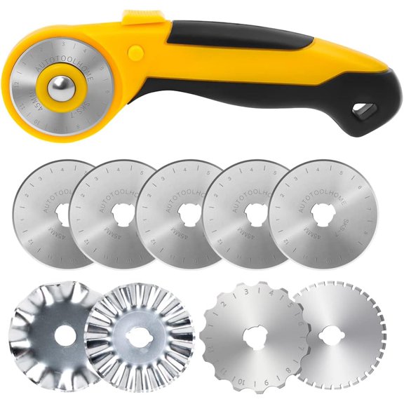 45mm Rotary Cutter with 9pcs Extra Blades Automatic Fabric Roller Perforator Crochet Edge Pinking for Quilting, Sewing, Crafting