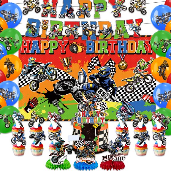 45pcs Dirt Bike Party Supplies, Includes Birthday Banner,Honeycomb Centerpieces,Cake Topper,Latex Balloons,Background Banner, Motocross Dirt Bike Birthday Decorations set Y101
