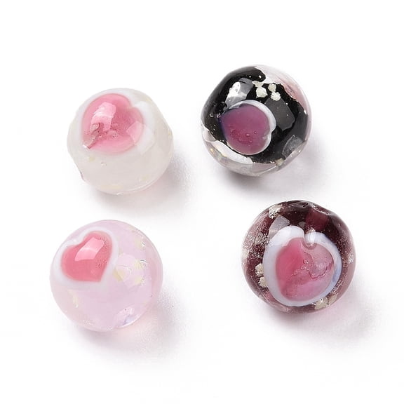 45pcs Handmade Lampwork Beads Round with Heart Pattern Mixed Color 12x11.5mm Hole: 1.8mm