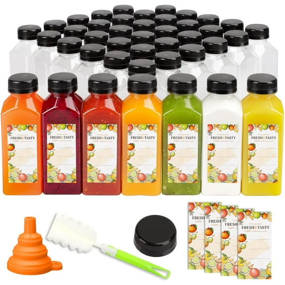 45pcs Juice Bottles, 12oz Reusable Juice Bottles with Caps and Labels, Funnel, Brush Beverage Containers for Juicing, Smoothies, Tea, Milk