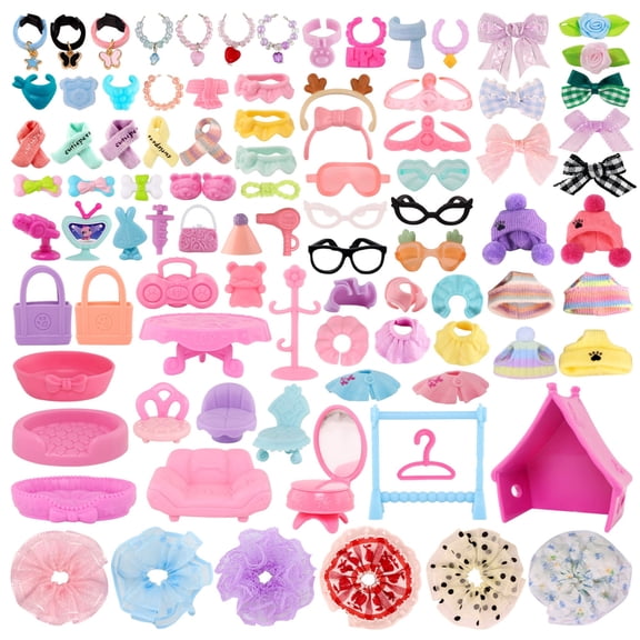 45pcs Random Accessories Set for Minilps Pet Toys,Include Mini Dress Skirt Bow Collar Shoes Glasses Sofa Chair TV and More