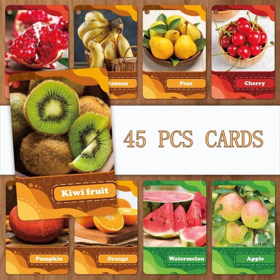 45pcs Real Fruits & Vegetables Flash Cards for Kids, Vocabulary Learning