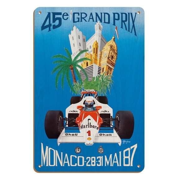 45th Monaco Grand Prix (Circuit de Monaco) - Formula One Race Cars - Vintage Car Racing Poster by A. Borgheresi c.1987 - 8 x 12 inch Vintage Wood Art Sign
