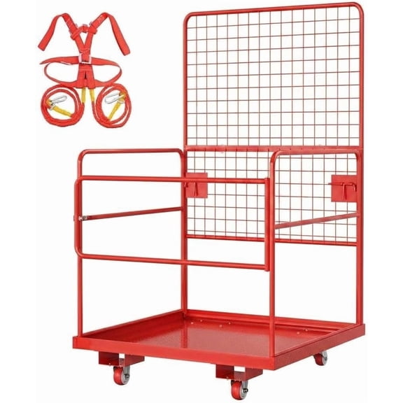45x43 In Forklift Safety Cage 2200 lbs Capacity Foldable Forklift Work Platform with Harness Wheels and Safety Rails Red