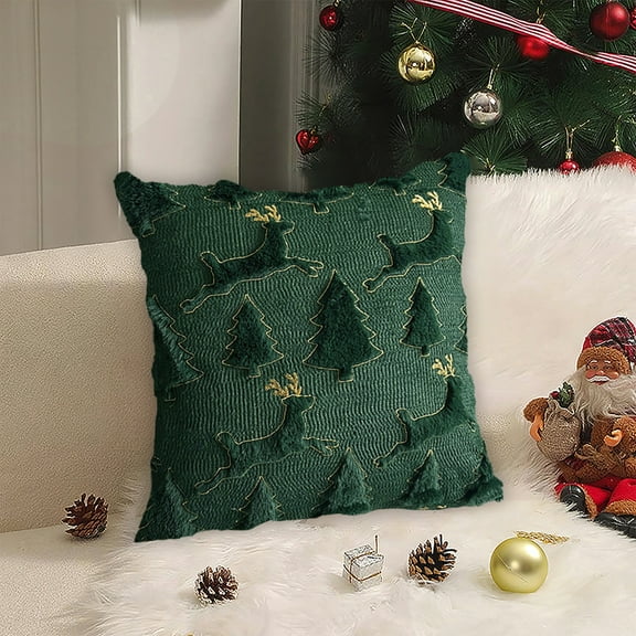 45x45cm Christmas Reindeer & Tree Pillow - 3D Textured Green Cushion with Gold Accents, Soft Polyester Throw Pillow (Including Insert) for Sofa, Living Room & Holiday Decoration