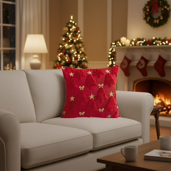 45x45cm Christmas Tree Pillow with Gold Stars & Bows - Red 3D Textured Throw Pillow (Including Insert), Festive Decor for Sofa, Living Room & Holiday Home Decoration