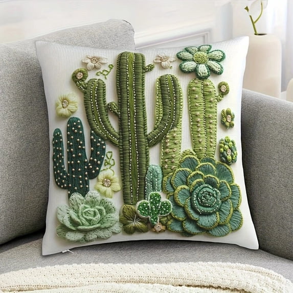 45x45cm Embroidered Cactus Pillow Cover - Soft Decorative Cushion Case for Sofa, Bed & Home Decor
