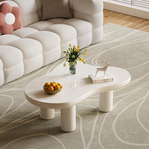 46.06'' Cloud Coffee Table,Modern White Coffee Table with 4 Sturdy Support Legs, Cute Irregular Tea Table with 2.56" Thick Tabletop for Living Room, Bedroom (White,46.06'')