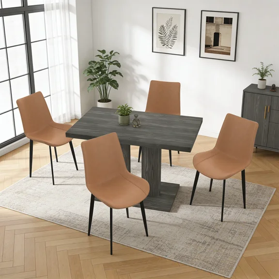 46.2 Inch Modern Kitchen Table With 4 Faux Leather Chairs, Dining Table Set For 4-6 People,Breakfast Nook Oak Table & 4 Beige Chairs,Rectangular Dining Room Table Set For Home, Small Spaces